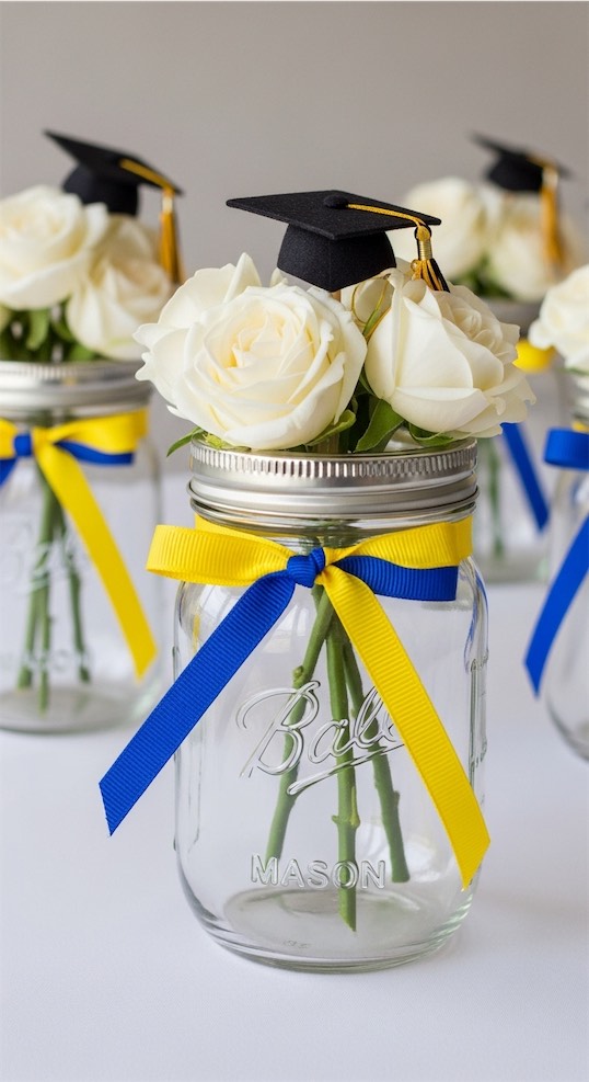 ribbon tied around Graduation Mason Jar Centerpieces