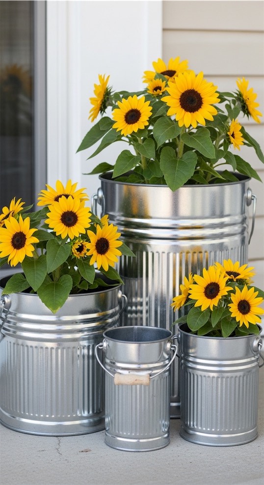 tin cans with sunflowers