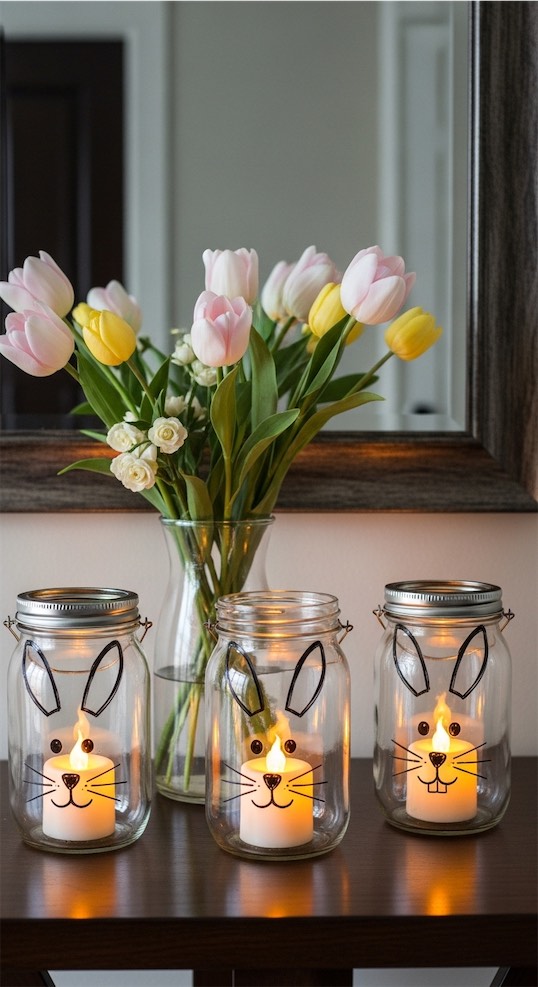 mason jars with rabbit faces easter entryway decor ideas
