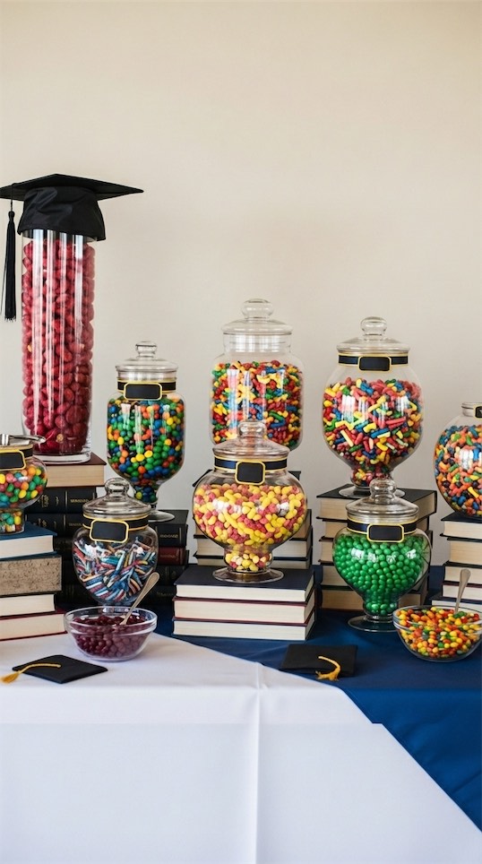 candy jars stacked on books