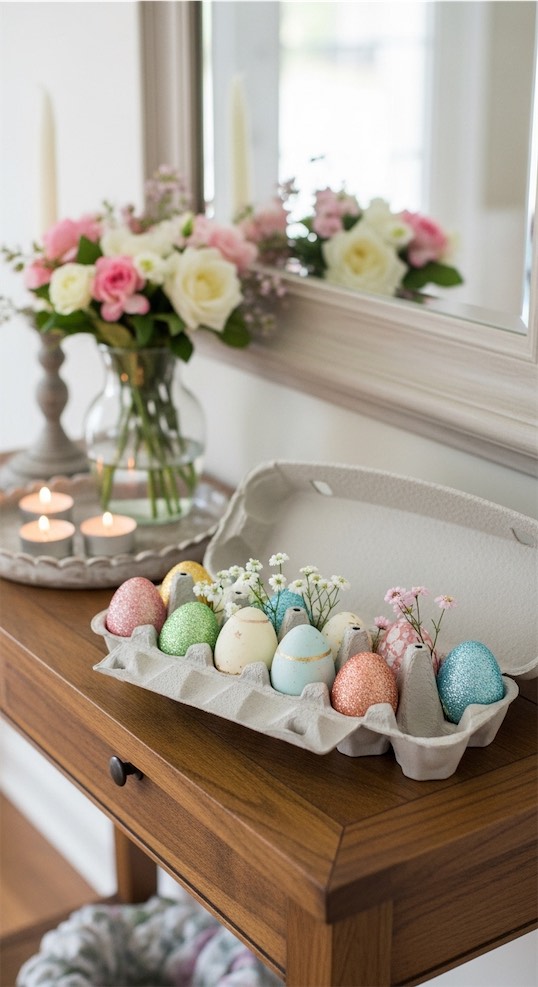 egg carton with eggs on entryway table easter entryway decor ideas