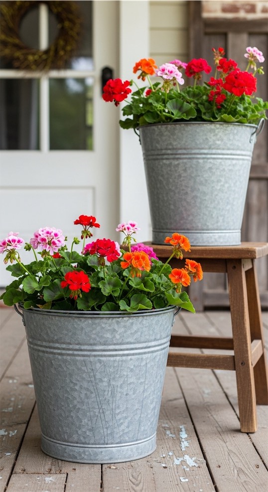rustic metal buckets used as flower planters