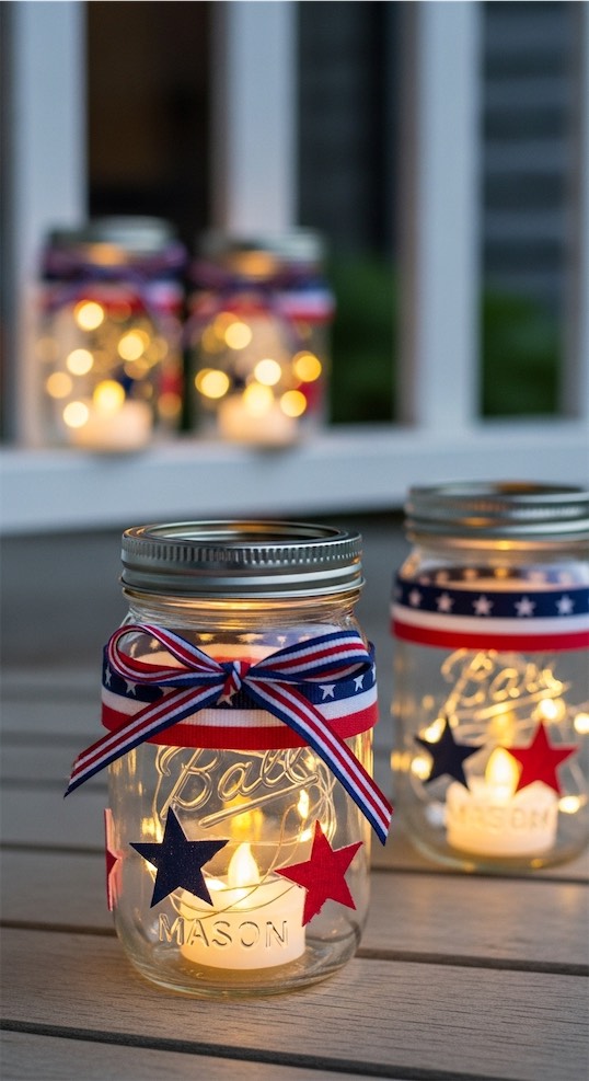 Patriotic Porch Ideas mason jars with candles and ribbon