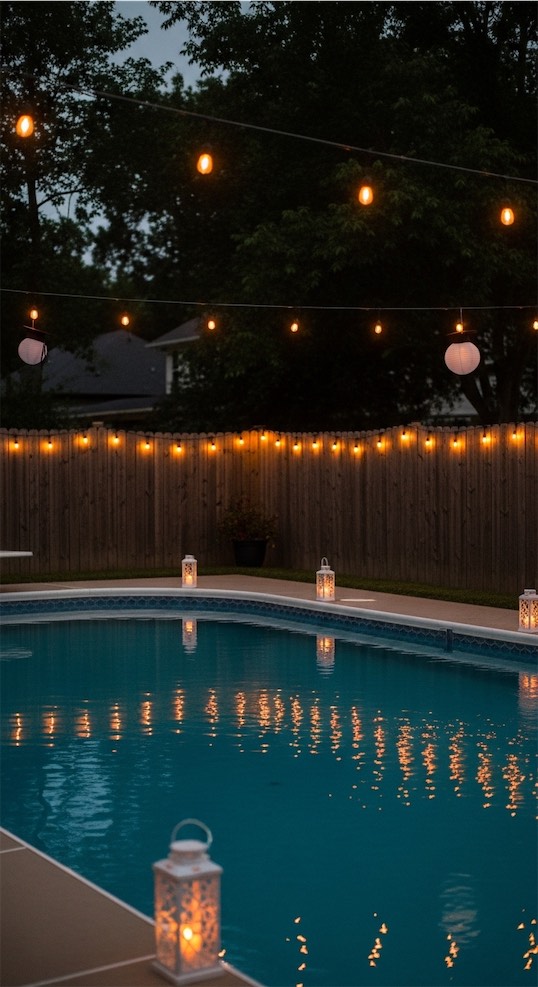 lanterns hanging across a pool