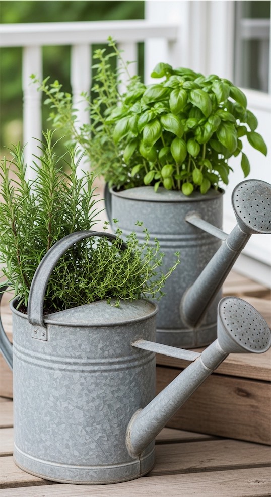 vintage watering cans Rustic Porch Planters Ideas