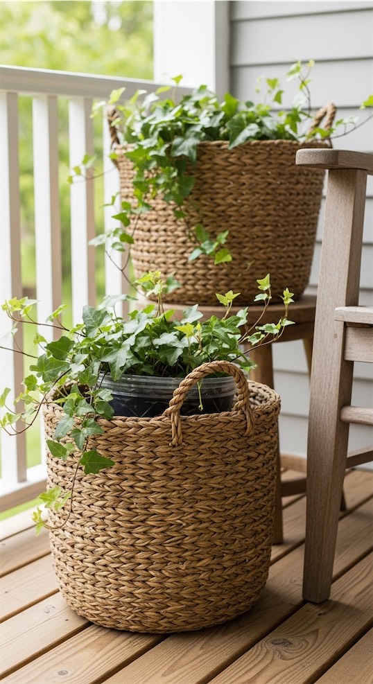 baskets used as planters on front porch