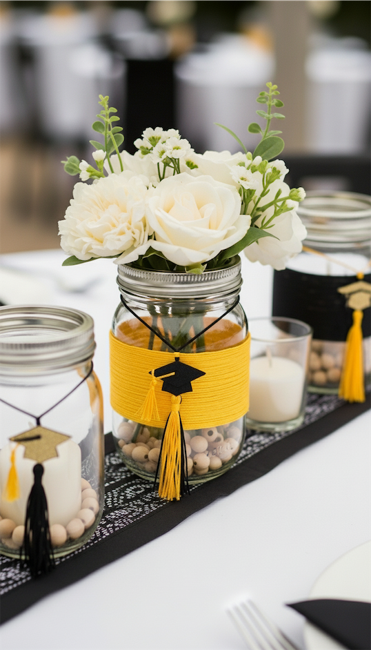 yellow tassel around mason jars for graduation