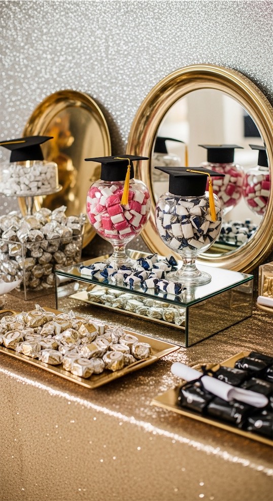 gold metallics behind candy buffet