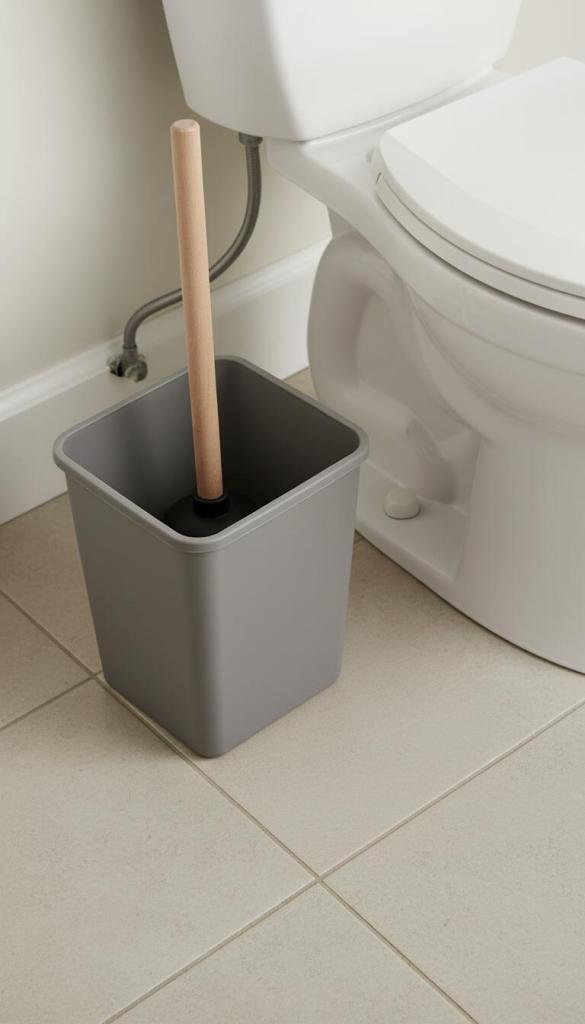 trash can used as Toilet Plunger Storage