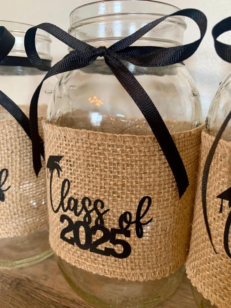 burlap wrapped around Graduation Mason Jar Centerpieces