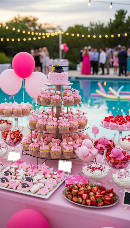 pink cake stands in a pool