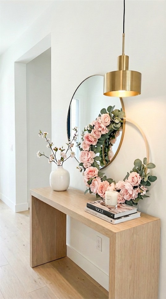 pink wreath on entryway table Mother's Day Brunch Decor