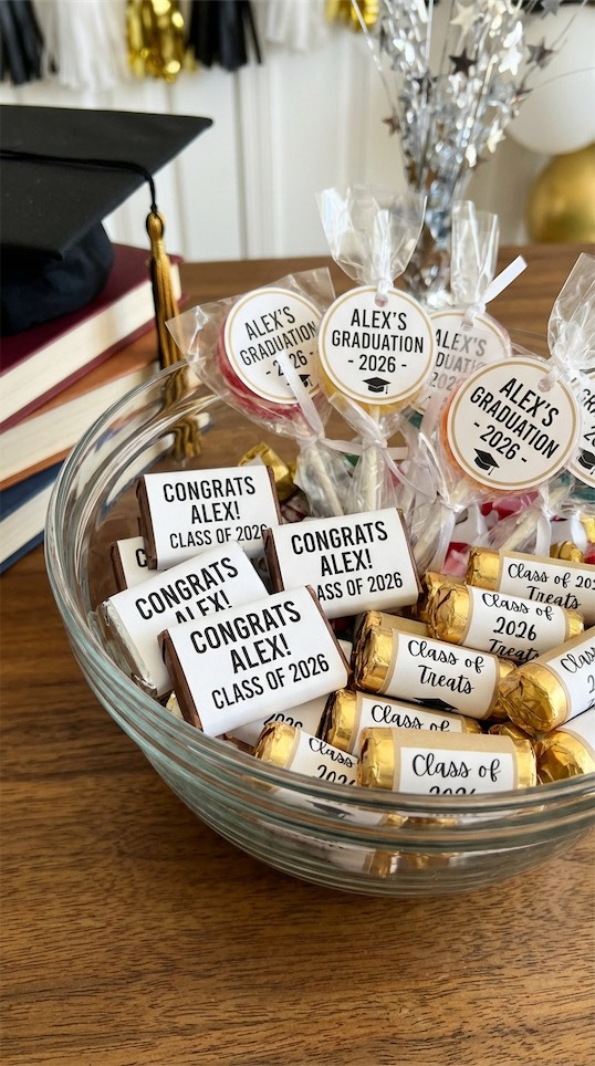 personalized candy treats with grads name on