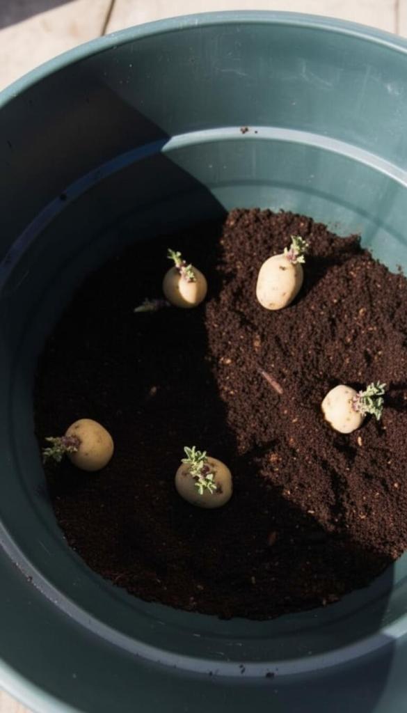 potatoes planted in bucket with compost 