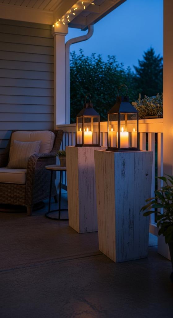 tall planters with lanterns inside
