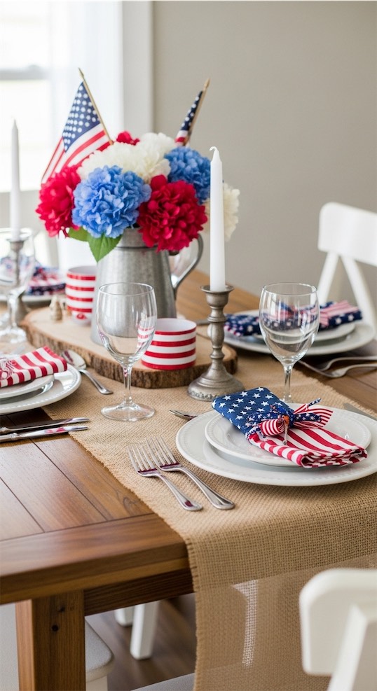 burlap runner on Patriotic Tablescape