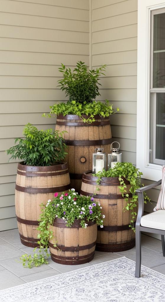 patio decorated with vintage Whiskey Barrel Planters