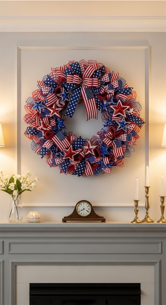 patriotic wreath hung above mantle