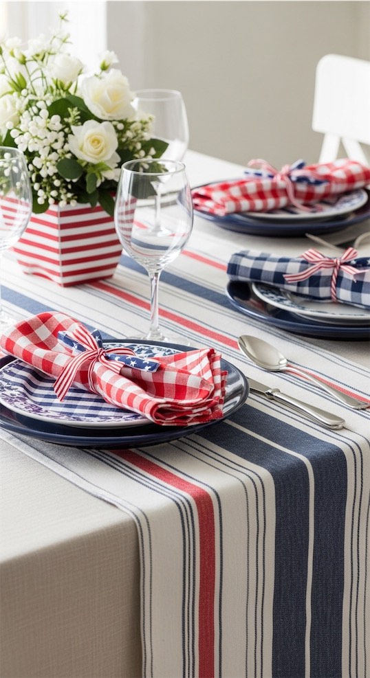 linens on table for Patriotic Tablescape