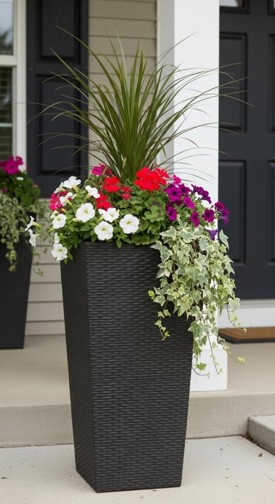 black planter with tall plants mixed with smaller plants