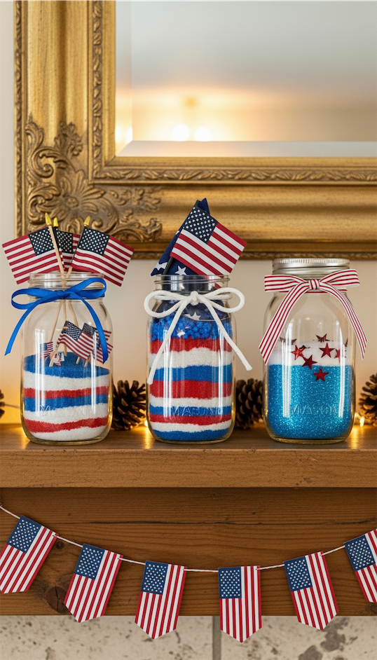 mason jars filled with Patriotic Mantle decor