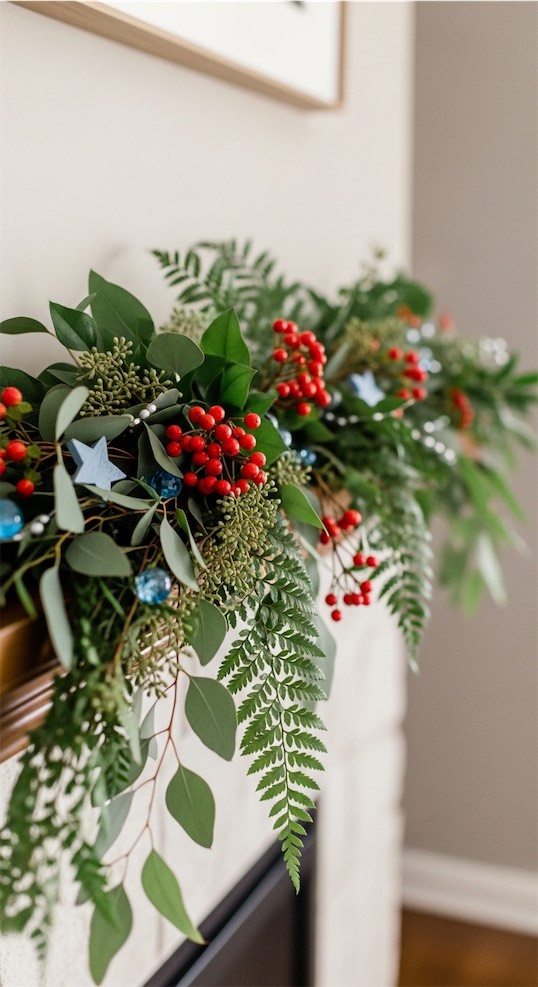 greenery with pops of red and blue