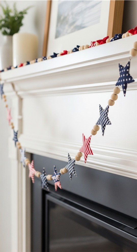 star garland with beds hung across white mantle