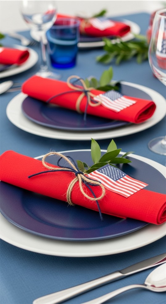 red and blue napkins tied with twine