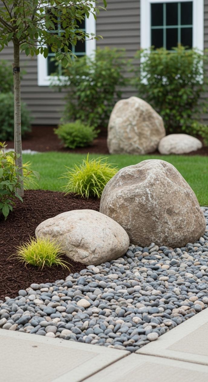 Small Rocks Around Ranch House Rock Beds Around House In Small Front Yards