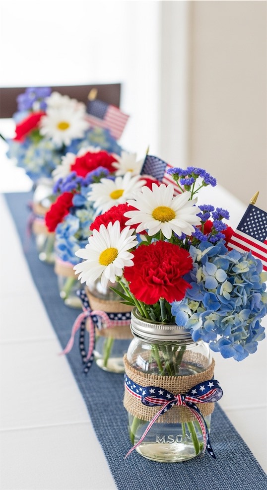 mason jars filled with patriotic decor
