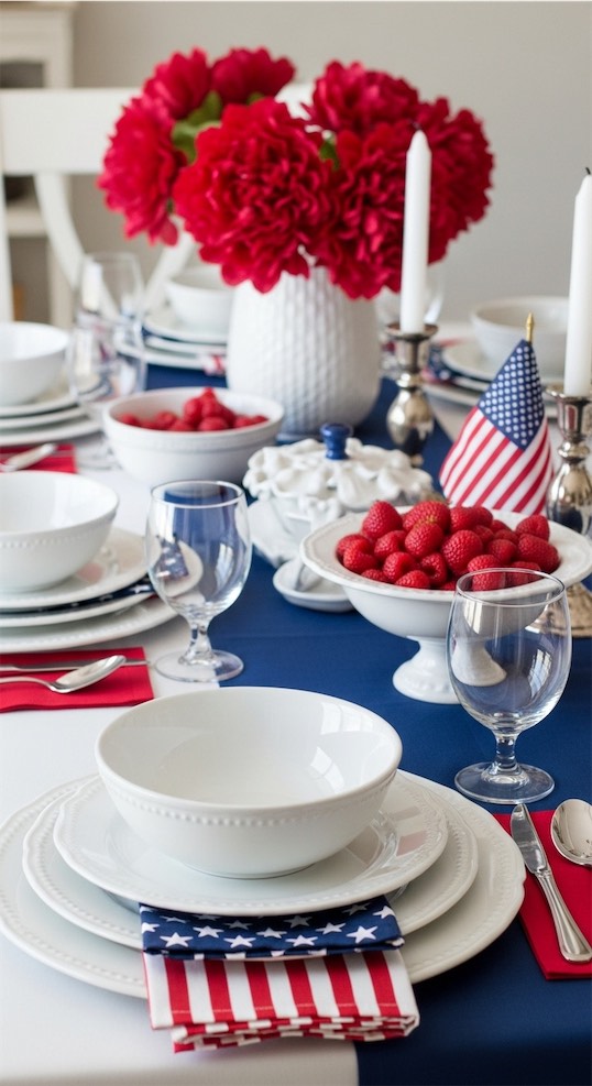 white dishes on a red white and blue themed table