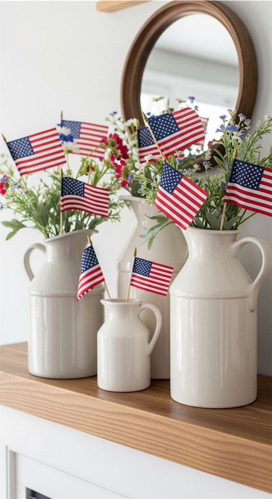 vintage jugs with mini american flags