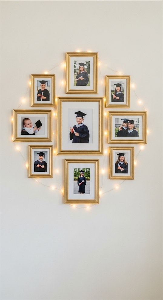 photo wall in gold frames