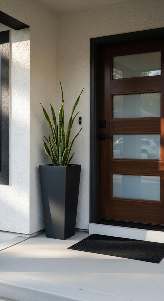 minimal black planter pot with tall plant