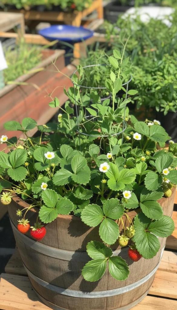 strawberries in a whiskey barrel