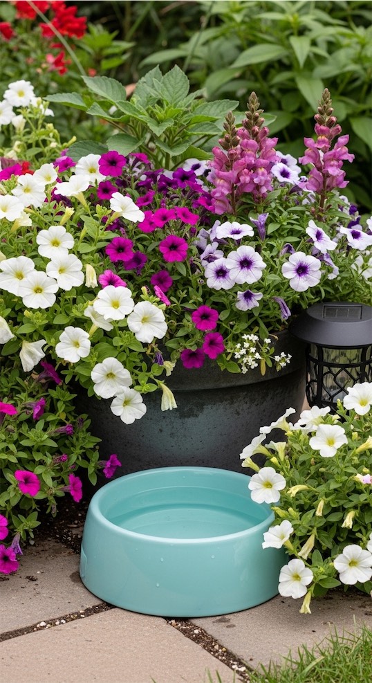 cottage style flowers near dog bowl