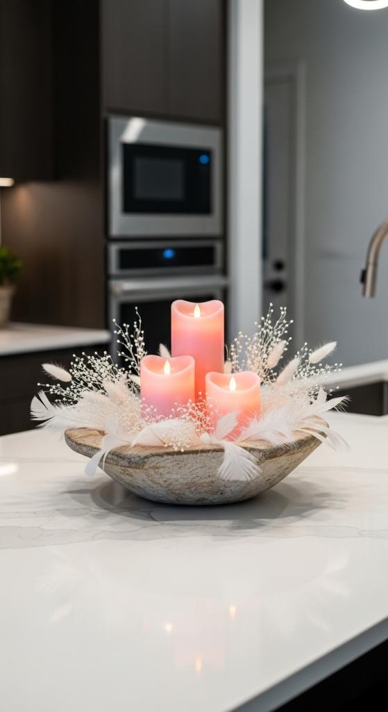 led candles paired with white feathers in a dough bowl