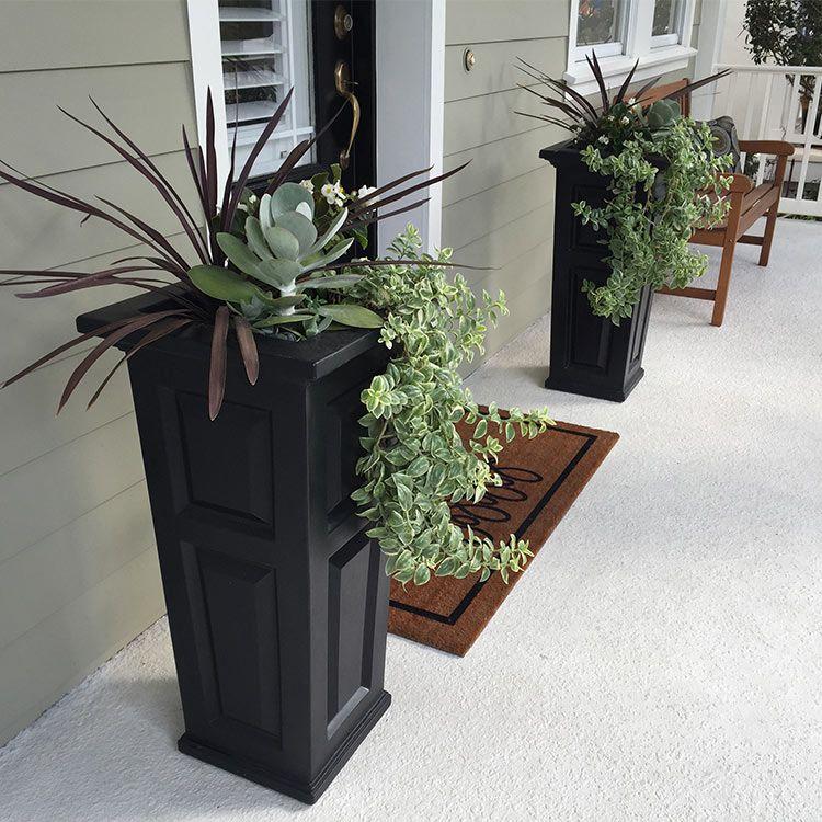 two black planters Narrow Front Porch Decorating