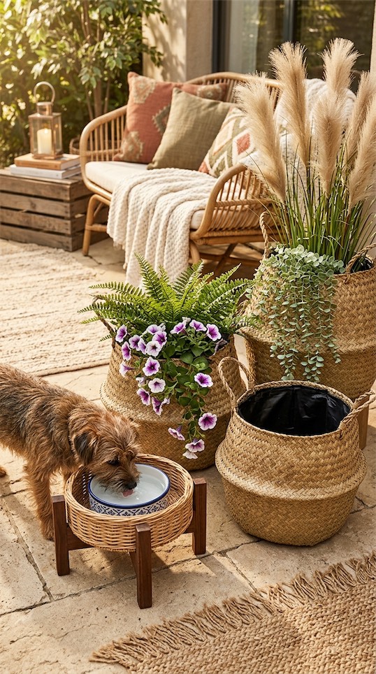 wicker baskets Dog Water Bowl Planter 