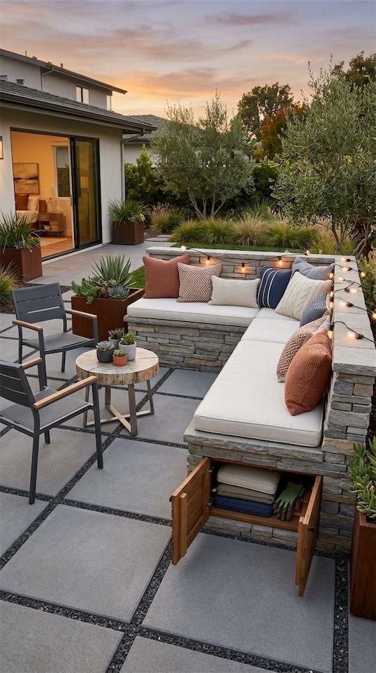 built in seating around Paver Patio