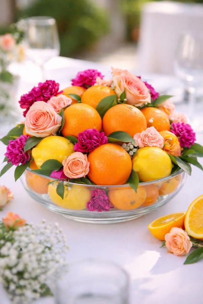 citrus fruits with pink flowers for kitchen island centerpiece
