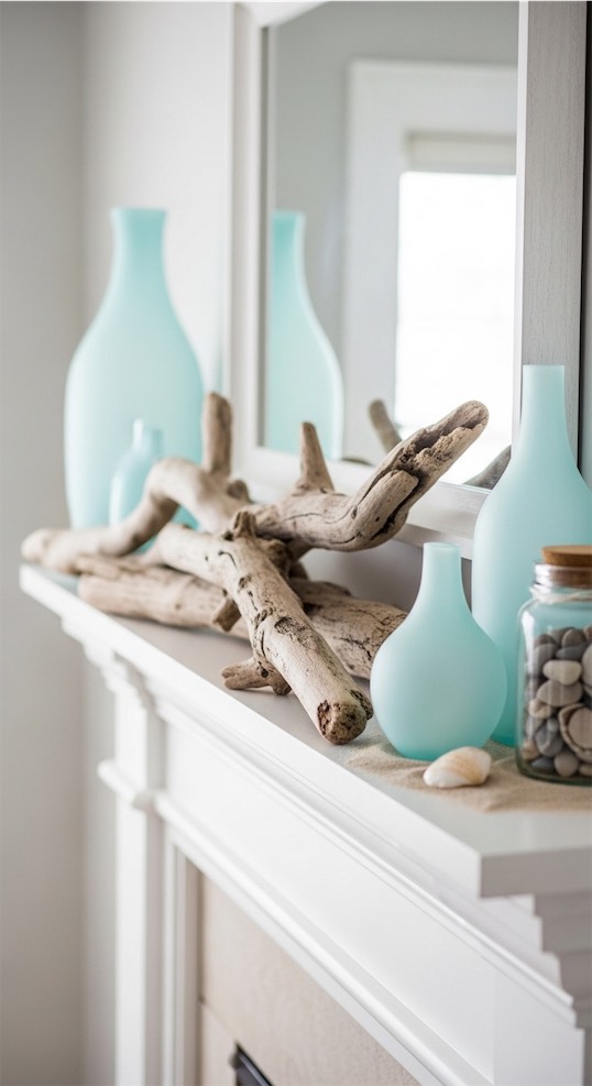 driftwood and shells on a summer mantle