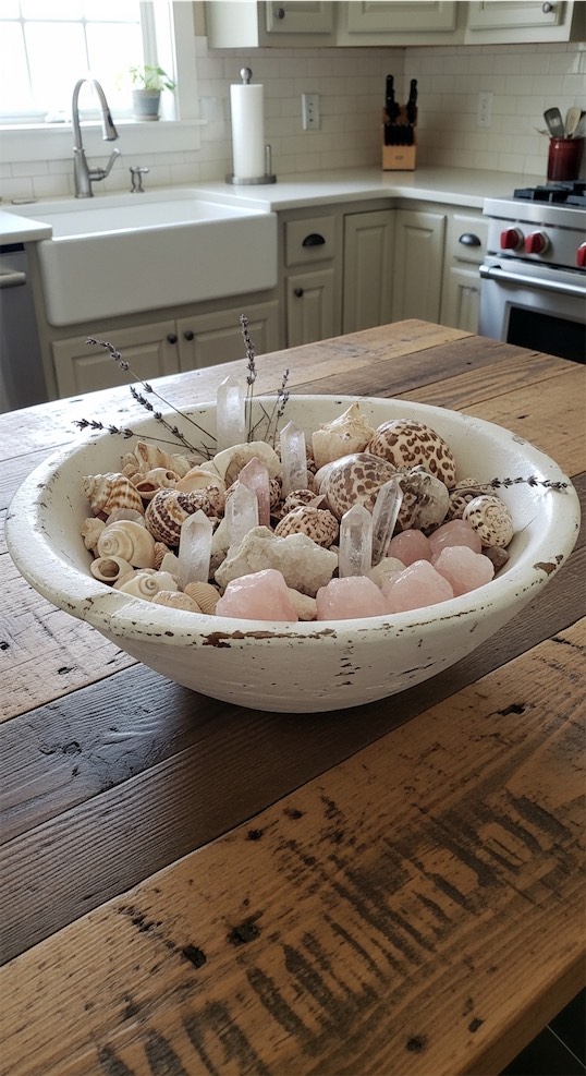 white washed dough bowl with crystals and shells Summer Dough Bowl