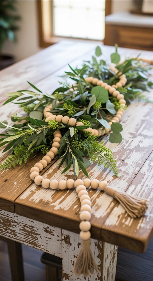 rustic farmhouse kitchen island centerpiece - greenary and beads