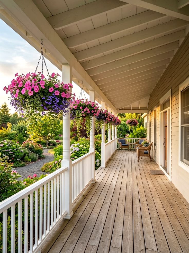 hanging baskets on porch