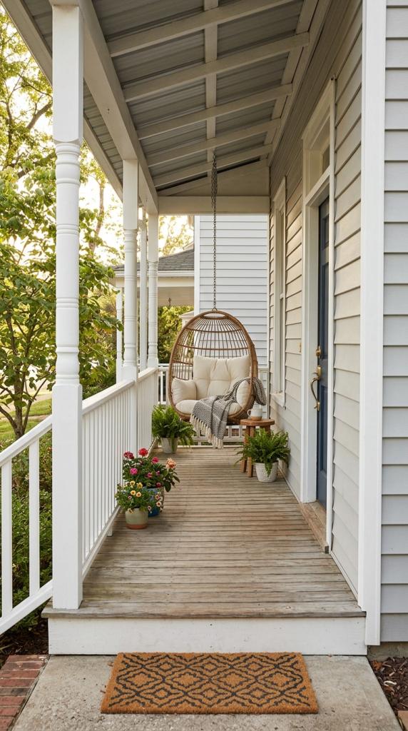 egg chair hanging in Narrow Front Porch