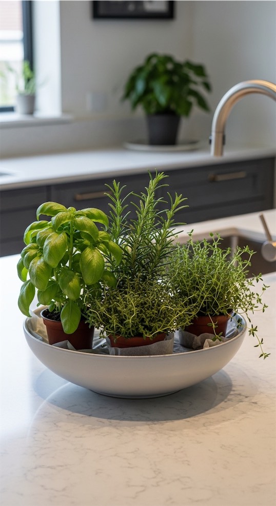 small herb pots as centerpiece for the kitchen island