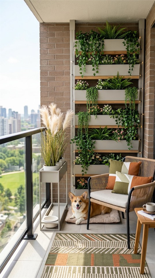 vertical garden with dog bowl on balcony