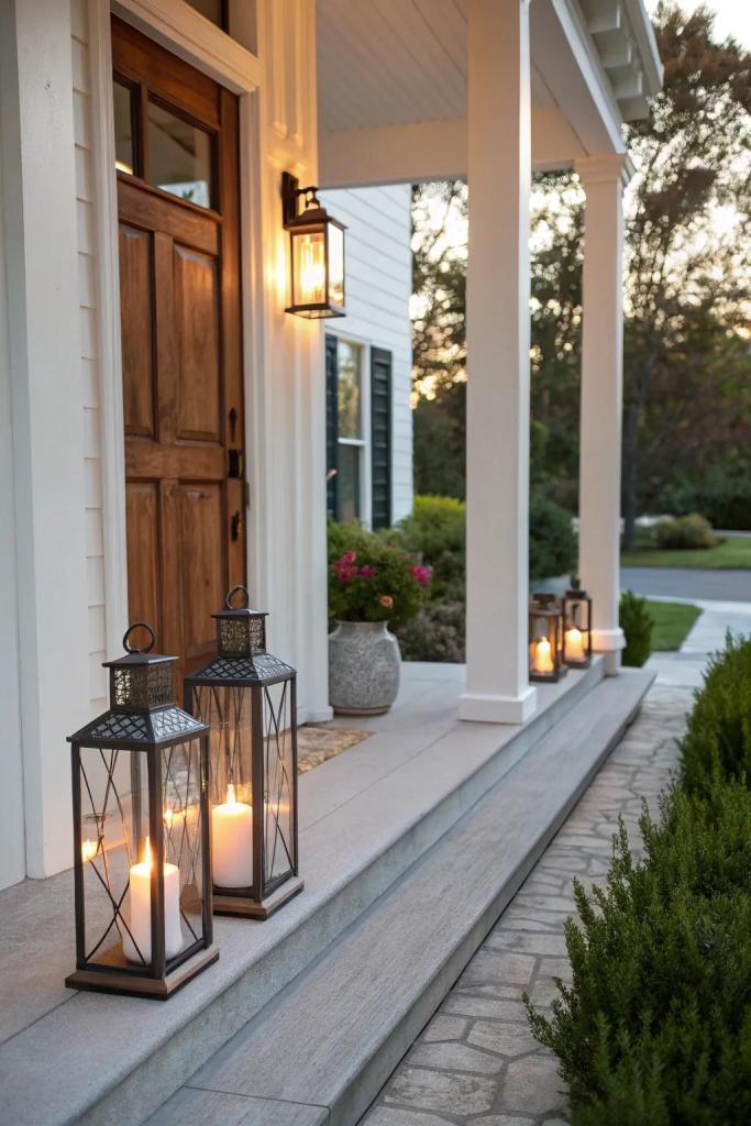 lanterns lined up on front porch 