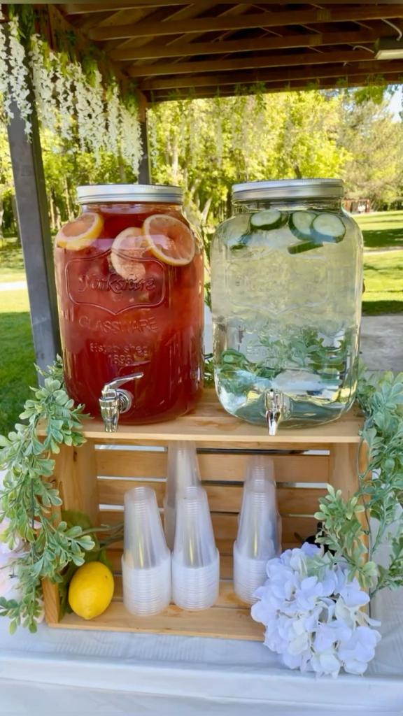 ice tea and lemonade in large pitchers